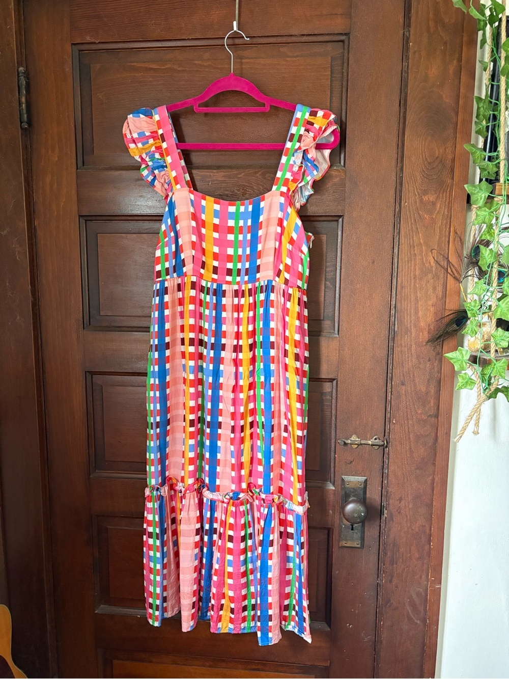 CROSBY by Mollie Burch Bright Multicolor Check Ruffle-Strap Dress